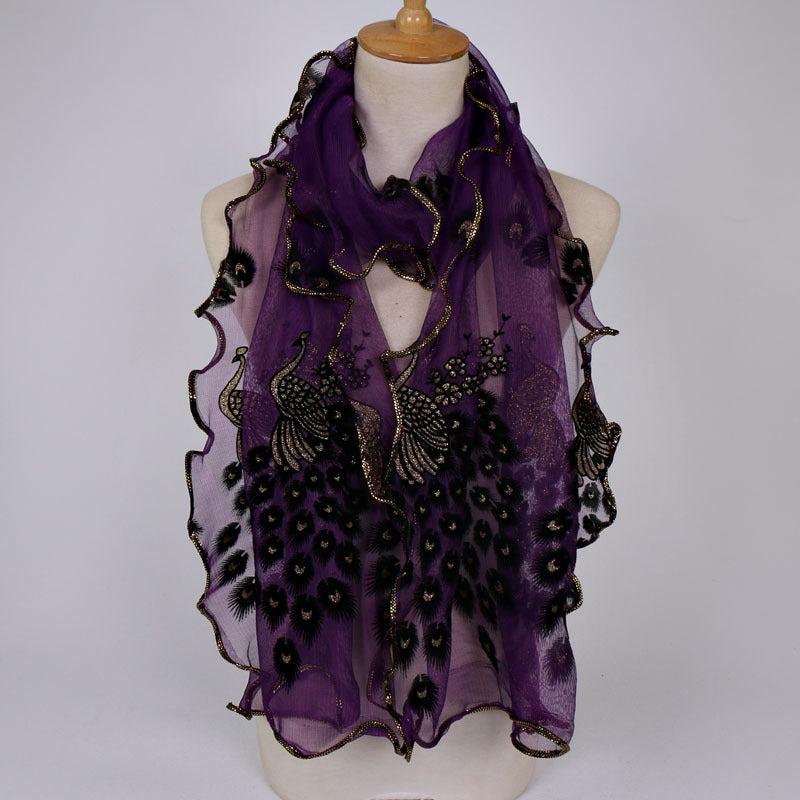Peacock Velvet Golden Print Long Scarf