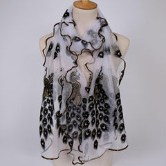 Peacock Velvet Golden Print Long Scarf