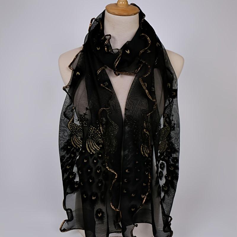 Peacock Velvet Golden Print Long Scarf
