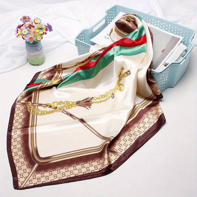 Tassel Chain Print Square Scarf Vintage Shawl Silk Neckerchief Bandana