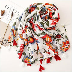 Boho Flower Print Tassel Scarf Vintage Gauze Shawl Hijab Turban