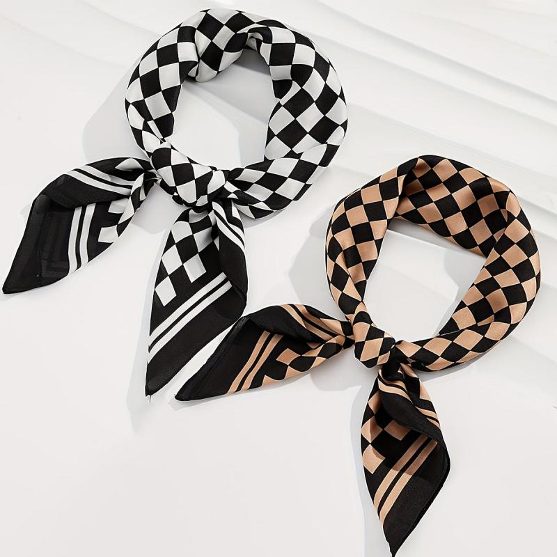 Checkerboard Print Bandana Silk Scarf for Women