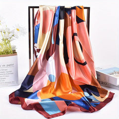 Colorful Geometric Print Bandana Black Square Scarf Silk Shawl