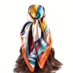 Colorful Geometric Print Bandana Black Square Scarf Silk Shawl