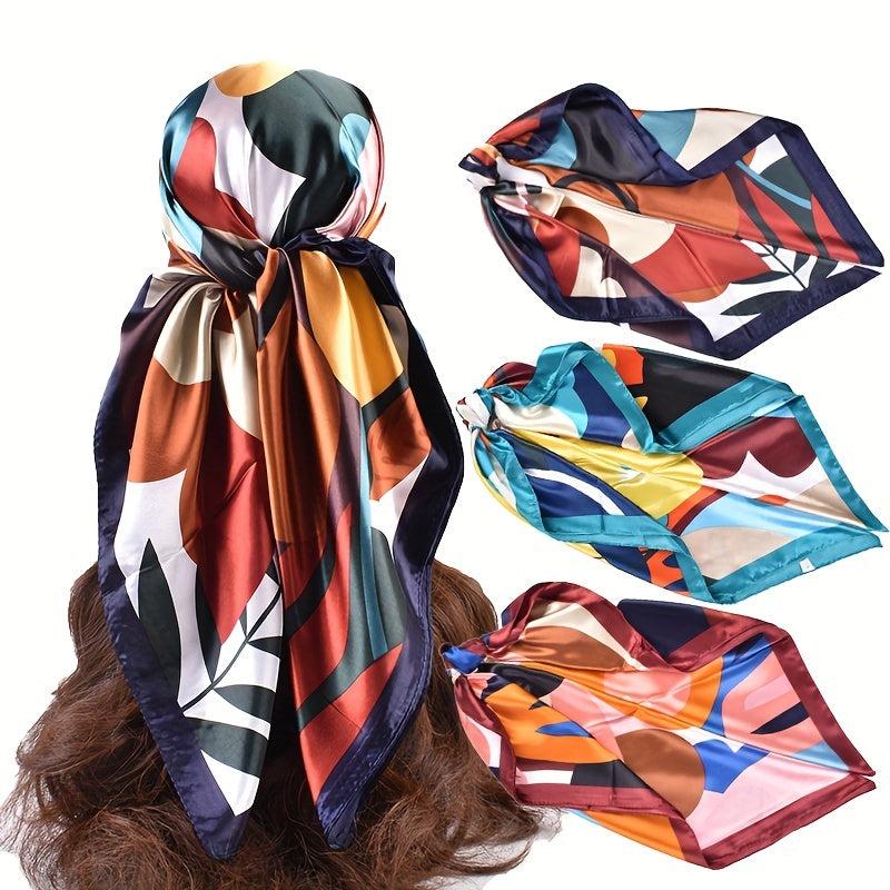 Colorful Geometric Print Bandana Black Square Scarf Silk Shawl