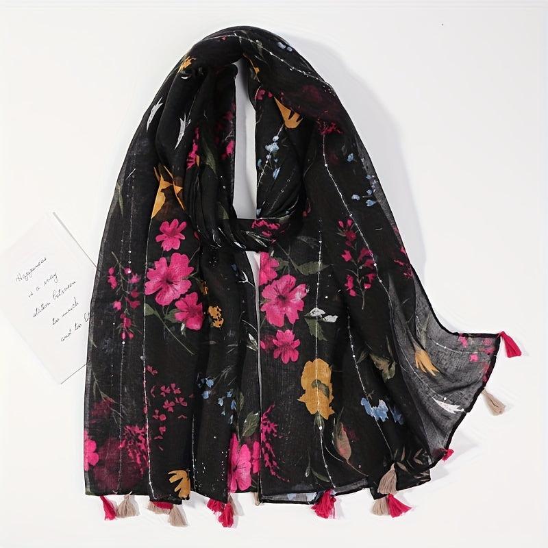 Flower Print Tassel Scarf Vintage Casual Shawl Windproof Warm Head Wrap