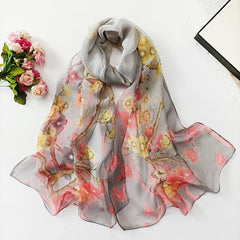 Thin Print Silk Scarf Lightweight Floral Pattern Scarf