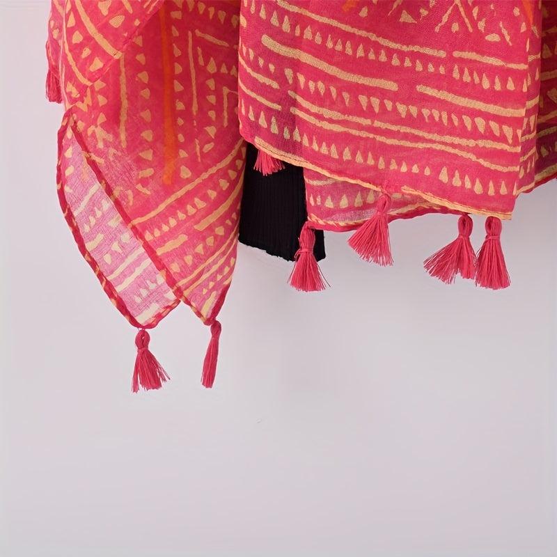 Boho Geometric Print Scarf Red Tassel Warm Shawl