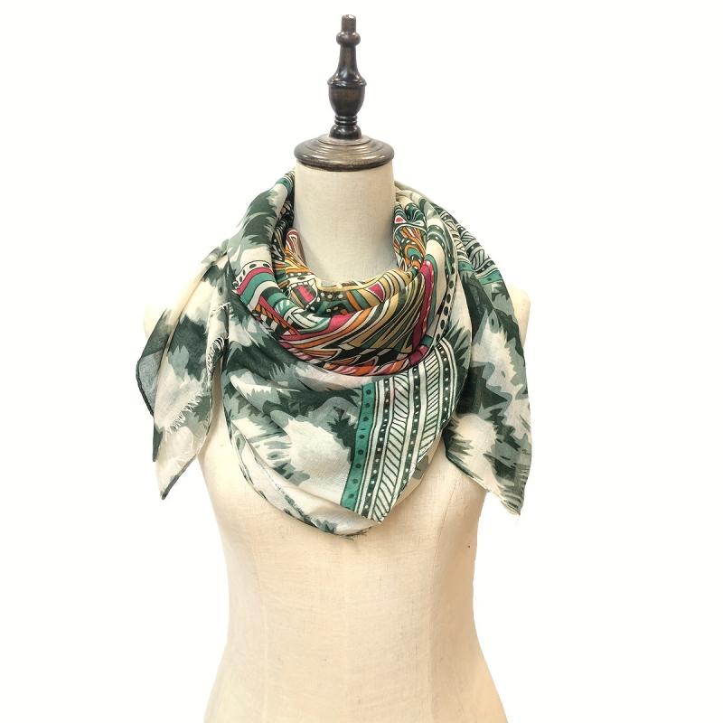 Geometric & Floral Print Raw Trim Scarf Boho Shawl Wrap Head Wrap