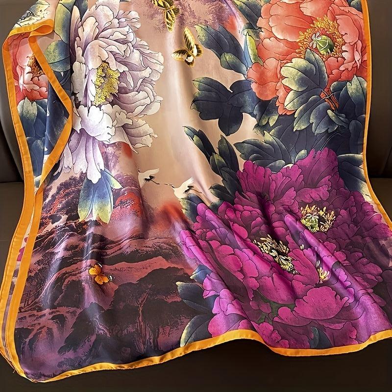 Vintage Crane Flower Print Scarf Satin Shawl Silk Head Wrap