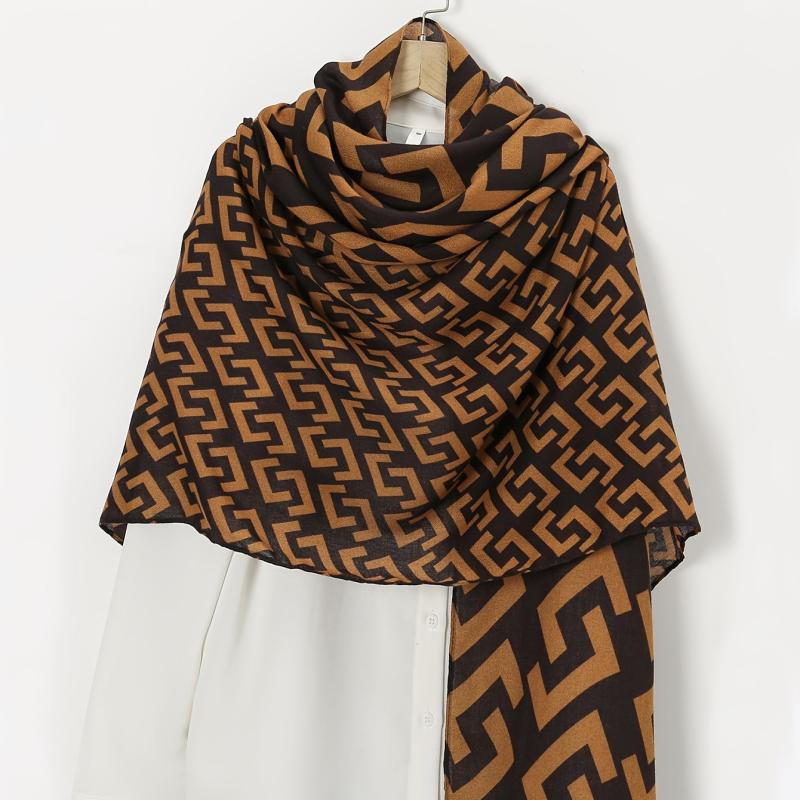 Brown Geometric Plaid Print Scarf Women Warm Shawl Windproof Head Wrap Hijab