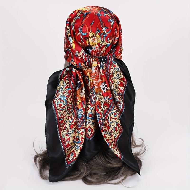 Boho Floral Print Satin Bandana Vintage Square Scarf Silk Shawl