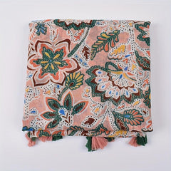 Bohemian Print Pink Scarf Vintage Tassel Warm Shawl Women
