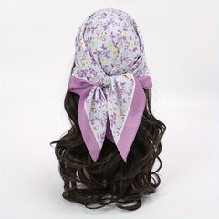 Purple Floral Print Bandana Satin Square Scarf Neckerchief Head Wrap