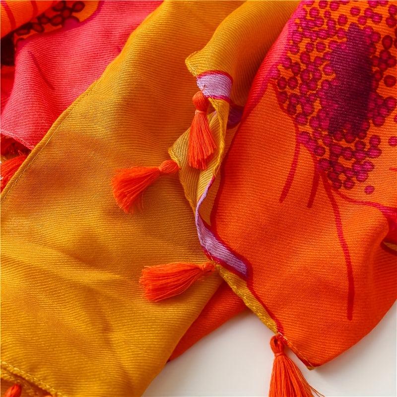 Orange Large Flower Print Scarf Boho Tassel Warm Shawl