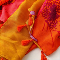 Orange Large Flower Print Scarf Boho Tassel Warm Shawl