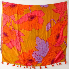 Orange Large Flower Print Scarf Boho Tassel Warm Shawl