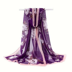 Vintage Flower Print Chiffon Scarf Thin Breathable Silk Head Wrap