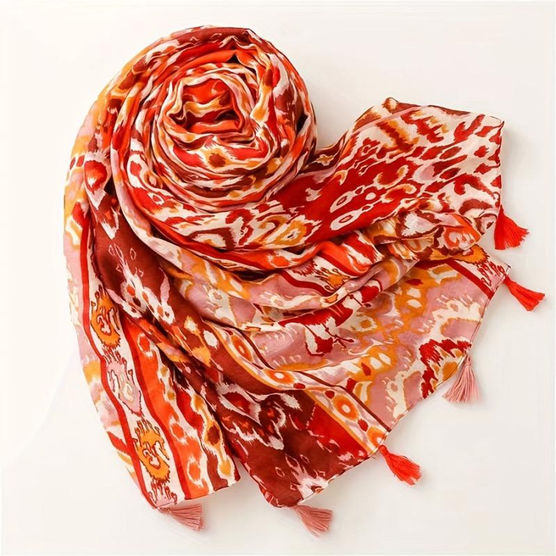 Orange Tie Dye Print Scarf Boho Tassel Shawl Casual Hijab Windproof Head Wrap