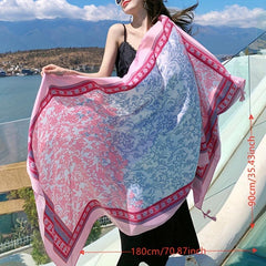Pink Floral Print Tassel Scarf Large Shawl Windproof Head Wrap