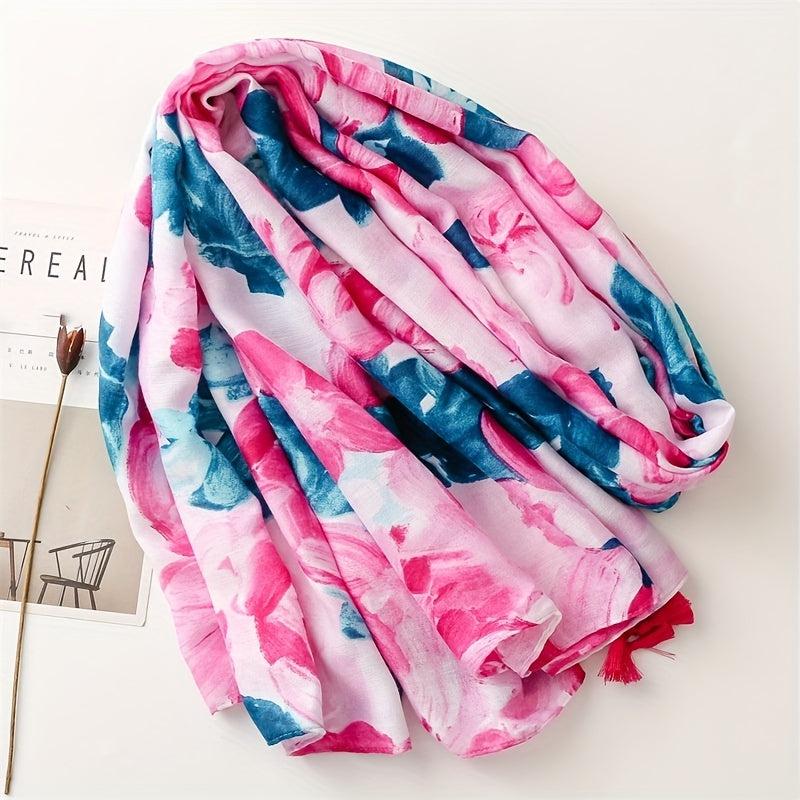 Pink Flower Print Scarf Tassel Shawl Casual Head Wrap Women Sunscreen