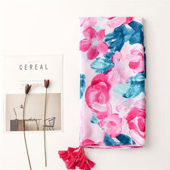 Pink Flower Print Scarf Tassel Shawl Casual Head Wrap Women Sunscreen