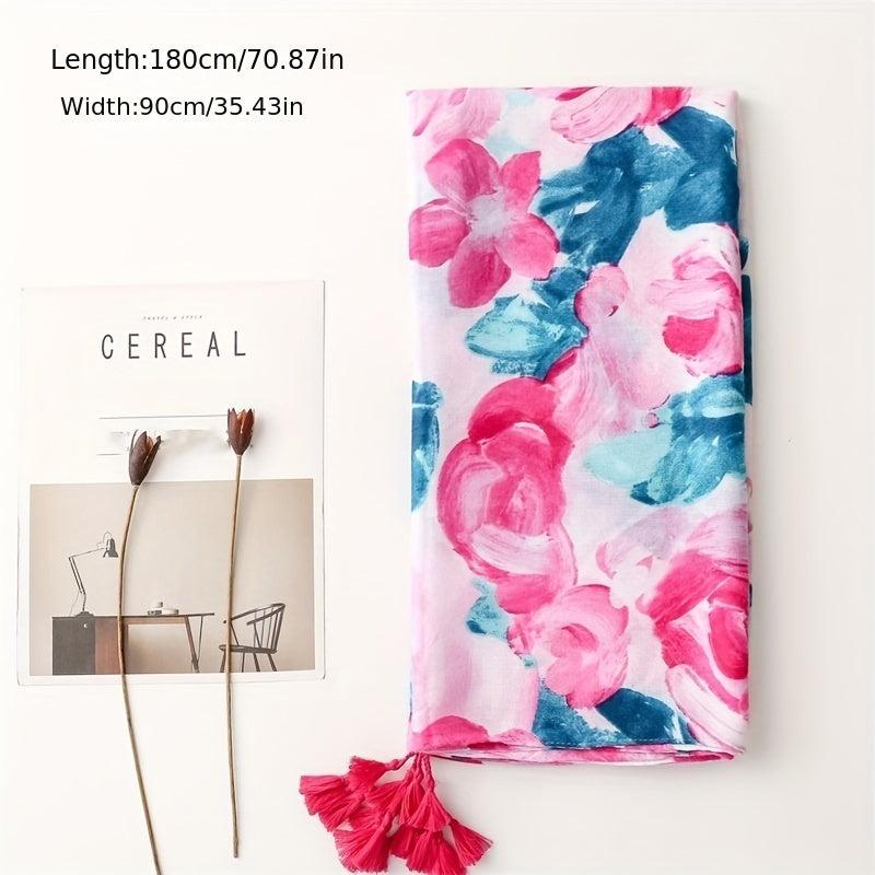Pink Flower Print Scarf Tassel Shawl Casual Head Wrap Women Sunscreen