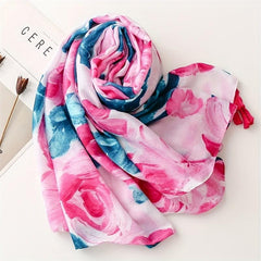 Pink Flower Print Scarf Tassel Shawl Casual Head Wrap Women Sunscreen
