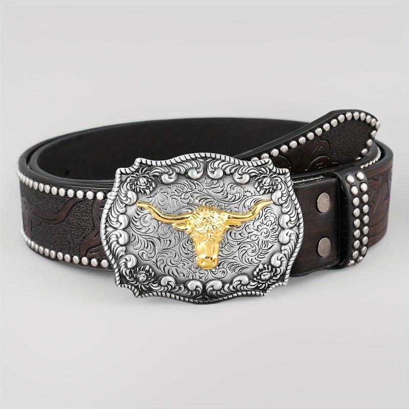 Cattle Head Pattern Western Cowboy Leather Belt
