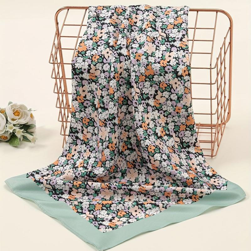 Floral Print Green Bandana Silk Head Wrap Square Scarf Women Neckerchief