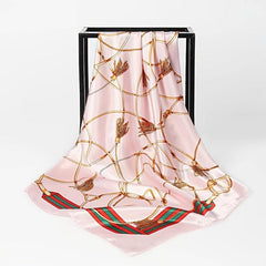 Vintage Chain Print Square Scarf Classic Satin Shawl Windproof Head Wrap