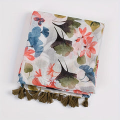 Ginkgo Leaf Print Scarf Bohemian Tassel Shawl Warm Vintage Sunscreen Head Wrap