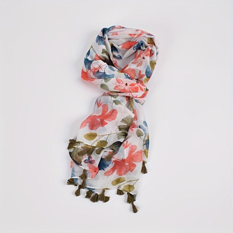 Ginkgo Leaf Print Scarf Bohemian Tassel Shawl Warm Vintage Sunscreen Head Wrap