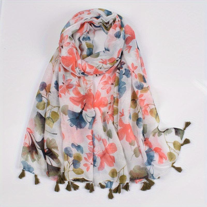 Ginkgo Leaf Print Scarf Bohemian Tassel Shawl Warm Vintage Sunscreen Head Wrap