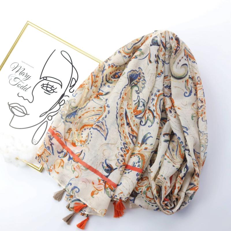 Orange Floral Paisley Print Boho Shawl Turban Beach Travel Sunscreen Head Wrap