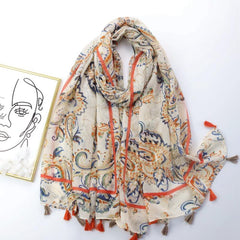 Orange Floral Paisley Print Boho Shawl Turban Beach Travel Sunscreen Head Wrap