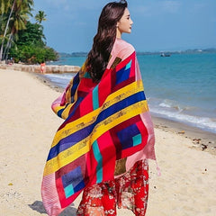 Boho Block Large Scarf Geometric Print Tassel Shawl Outdoor Windproof Head Wrap