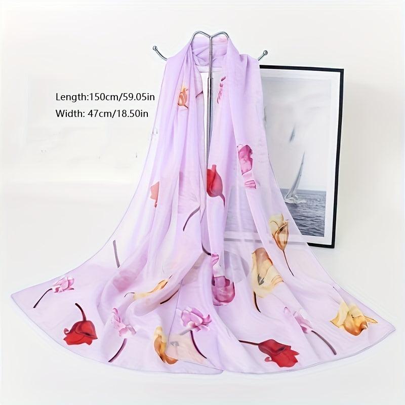 Rose Print Chiffon Scarf Thin Silk Head Wrap Casual Beach Towel