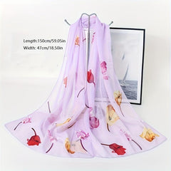 Rose Print Chiffon Scarf Thin Silk Head Wrap Casual Beach Towel