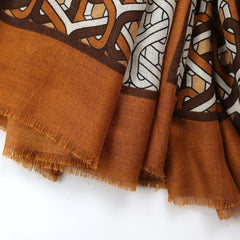 Brown Geometric Ring Print Scarf Vintage Block Shawl Frayed Edge