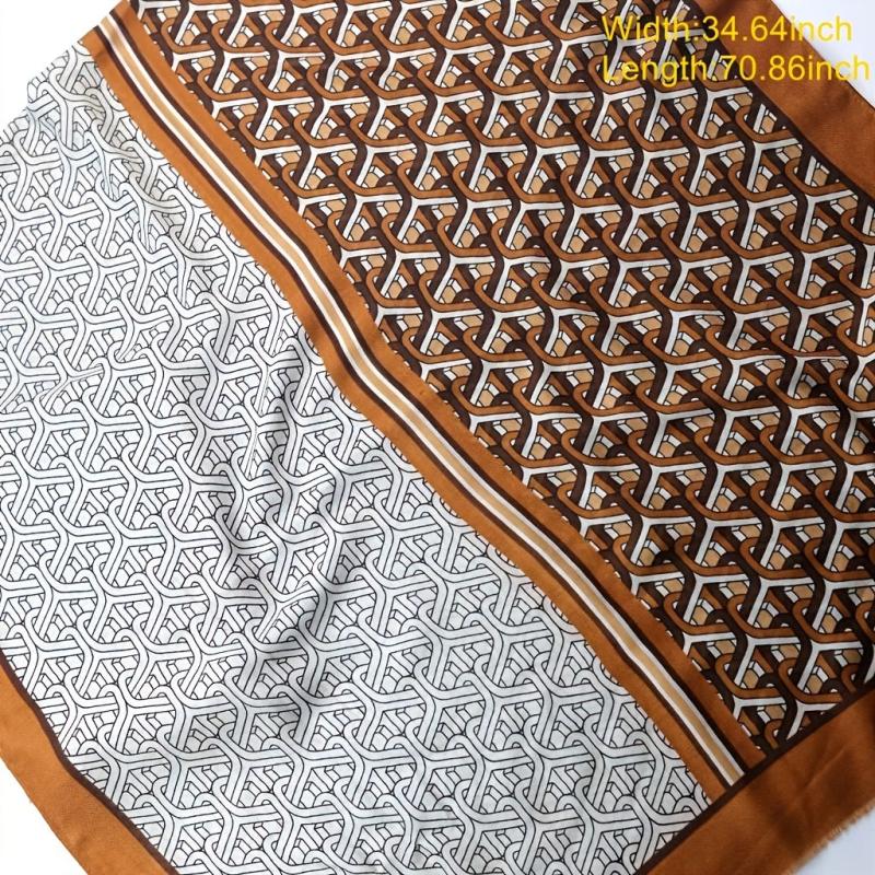 Brown Geometric Ring Print Scarf Vintage Block Shawl Frayed Edge