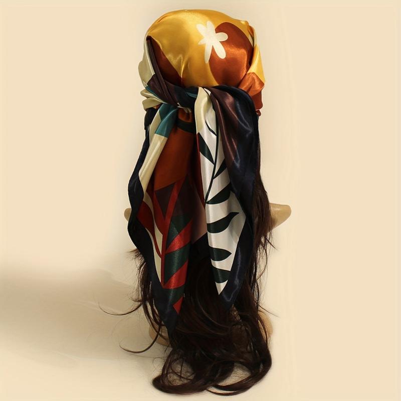 Leaf Flower Print Bandana Satin Shawl Silk Square Scarf Head Wrap Turban