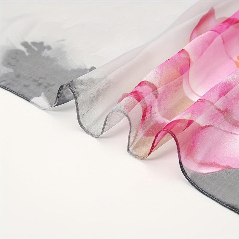 Lotus Print Chiffon Vintage Scarf Long Shawl Spring Summer Thin Head Wrap