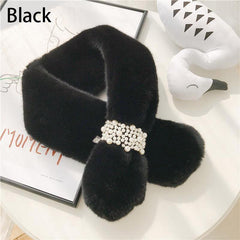 Plush Scarf Rabbit Fur Faux Pearl Winter Warm Cross Scarf