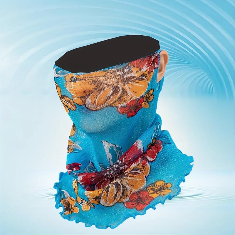 Flower Print Scarf Ruffles Thin Gauze Neck Gaiter Ear Loop Veil Headband