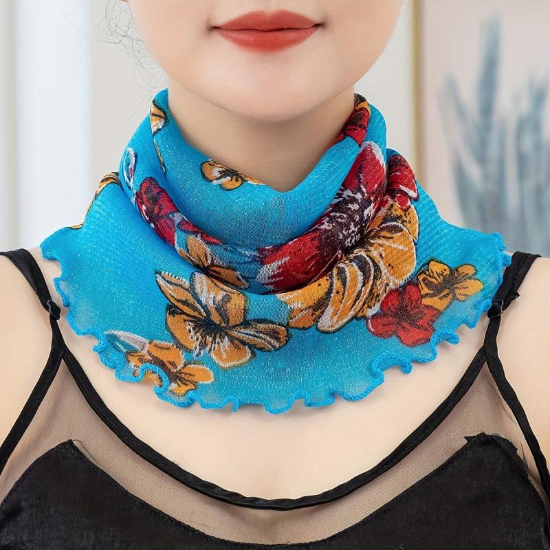 Flower Print Scarf Ruffles Thin Gauze Neck Gaiter Ear Loop Veil Headband