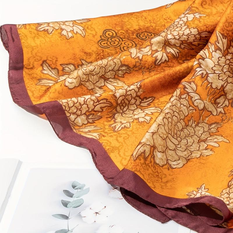 Peony Flower Print Scarf Vintage Head Wrap Silky Shawl For Women