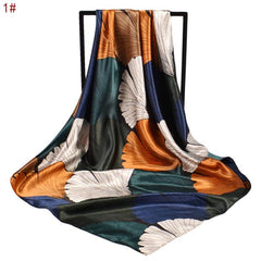 Satin Leaf Printed Large Square Scarf Silk Scarf Head Scarf