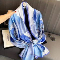 Flower Print Square Scarf Large Satin Shawl Vintage Neckerchief