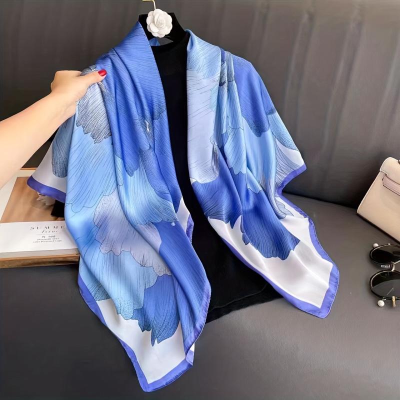 Flower Print Square Scarf Large Satin Shawl Vintage Neckerchief